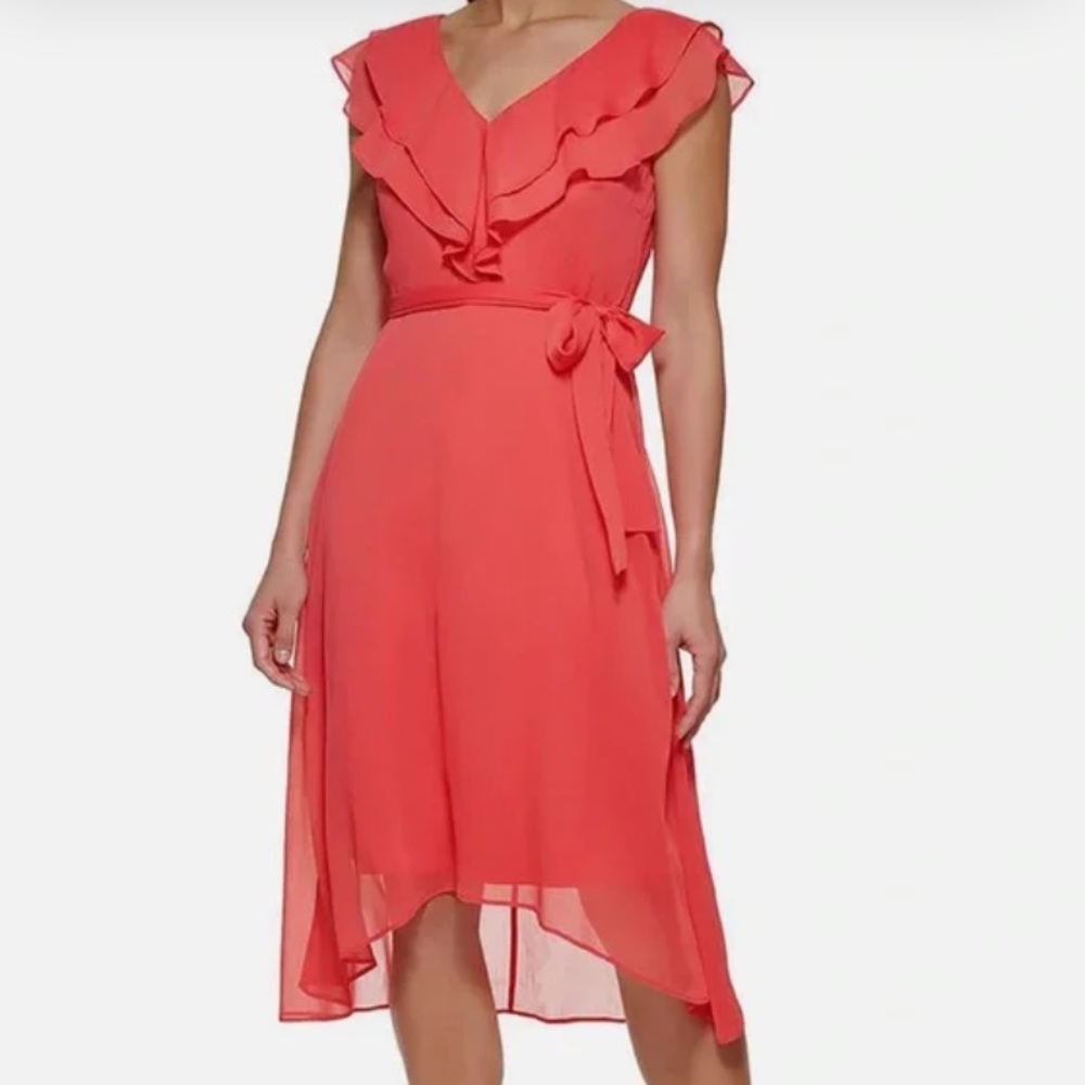 DKNY CORAL RUFFLE SLEEVELESS DRESS